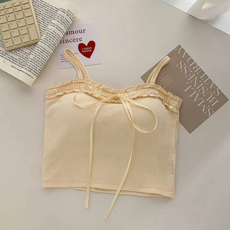 Camisolă din bumbac cu funda, lungime scurtă, cu pernă încorporată pentru bust, croială slim