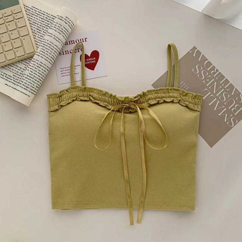 Camisolă din bumbac cu funda, lungime scurtă, cu pernă încorporată pentru bust, croială slim