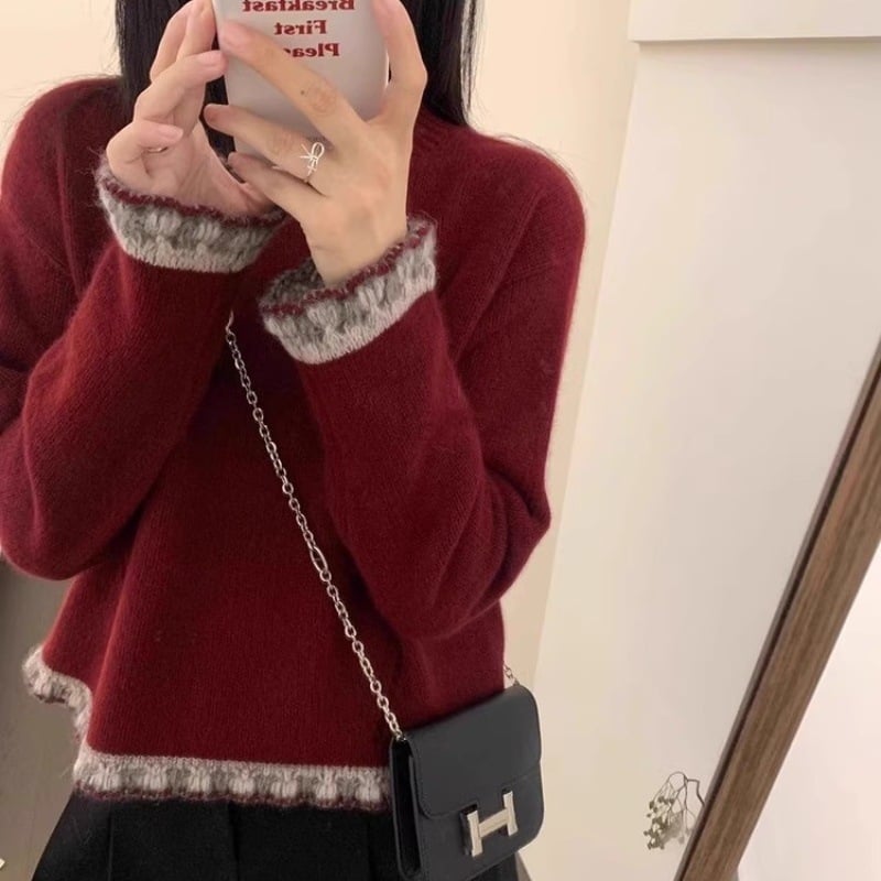 Pulover gros de lână pentru femei, guler rotund, croi lejer, mâneci lungi, 95%+ lână