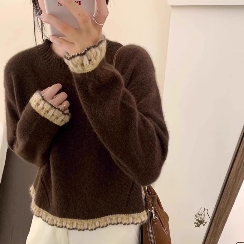 Pulover gros de lână pentru femei, guler rotund, croi lejer, mâneci lungi, 95%+ lână