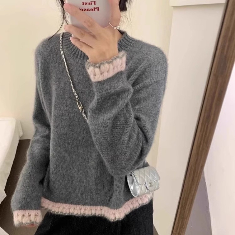 Pulover gros de lână pentru femei, guler rotund, croi lejer, mâneci lungi, 95%+ lână