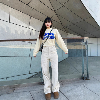 Casual hlače s izvezenim corduroy-om, ravne krojenje, visokim strukom, korejsko-japanski ležerni stil, glavni materijal 95%+