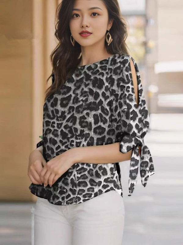 Ženska košulja s leopard printom, kratki rukavi, okrugli izrez, poliester 95%+, slobodan kroj