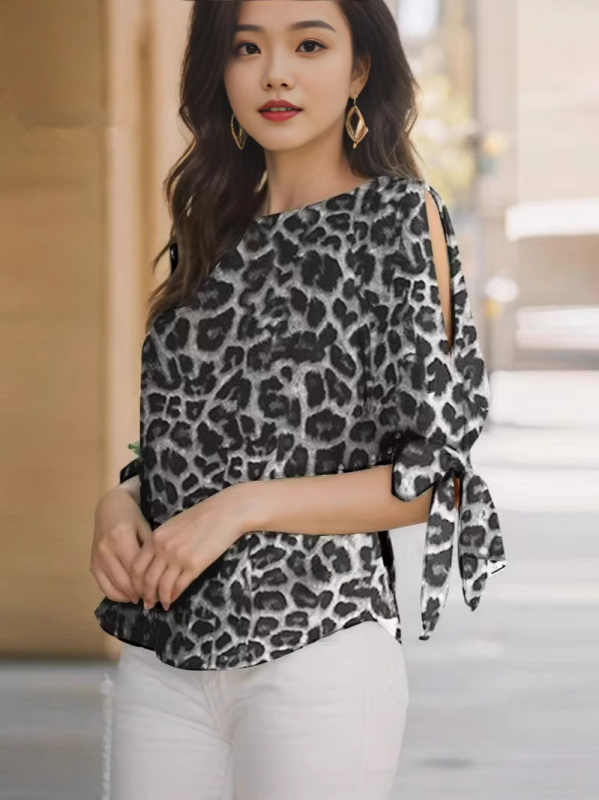 Ženska košulja s leopard printom, kratki rukavi, okrugli izrez, poliester 95%+, slobodan kroj