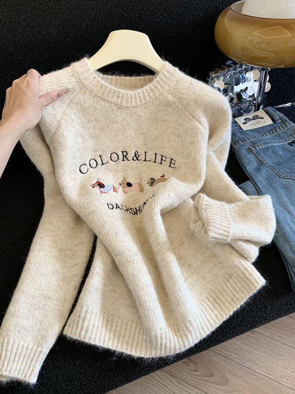 Πουλόβερ με κέντημα σκύλου, πολυεστερικό ύφασμα, στρογγυλός γιακάς, μακριά μανίκια, χαλαρή γραμμή