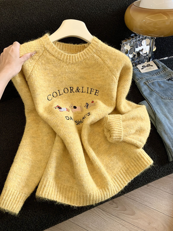 Πουλόβερ με κέντημα σκύλου, πολυεστερικό ύφασμα, στρογγυλός γιακάς, μακριά μανίκια, χαλαρή γραμμή