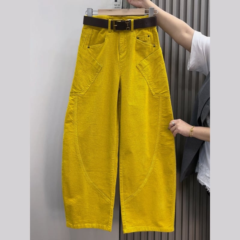Pantaloni de damă din corduroy, croială straight-leg, talie înaltă, lungi, stil curved knife