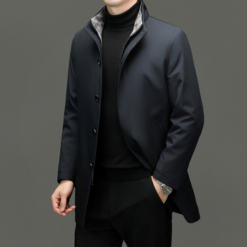 Palton de iarnă pentru bărbați, guler înalt, închidere cu nasturi, lungime medie, croială mulată, țesătură din poliester, buzunare laterale