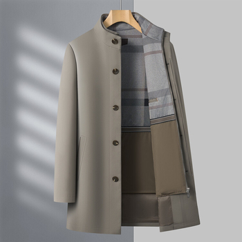 Palton de iarnă pentru bărbați, guler înalt, închidere cu nasturi, lungime medie, croială mulată, țesătură din poliester, buzunare laterale