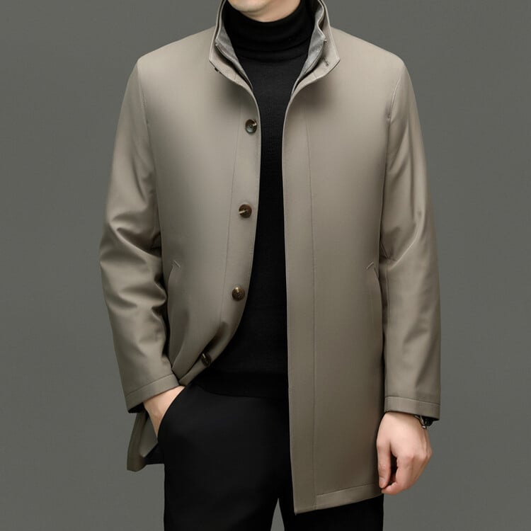 Palton de iarnă pentru bărbați, guler înalt, închidere cu nasturi, lungime medie, croială mulată, țesătură din poliester, buzunare laterale