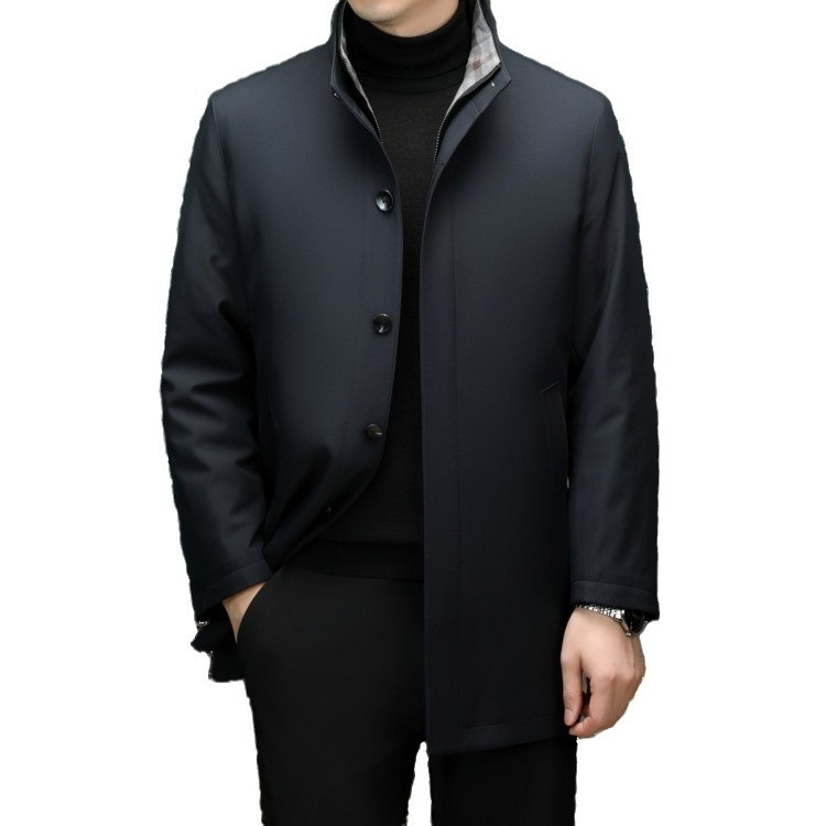 Palton de iarnă pentru bărbați, guler înalt, închidere cu nasturi, lungime medie, croială mulată, țesătură din poliester, buzunare laterale