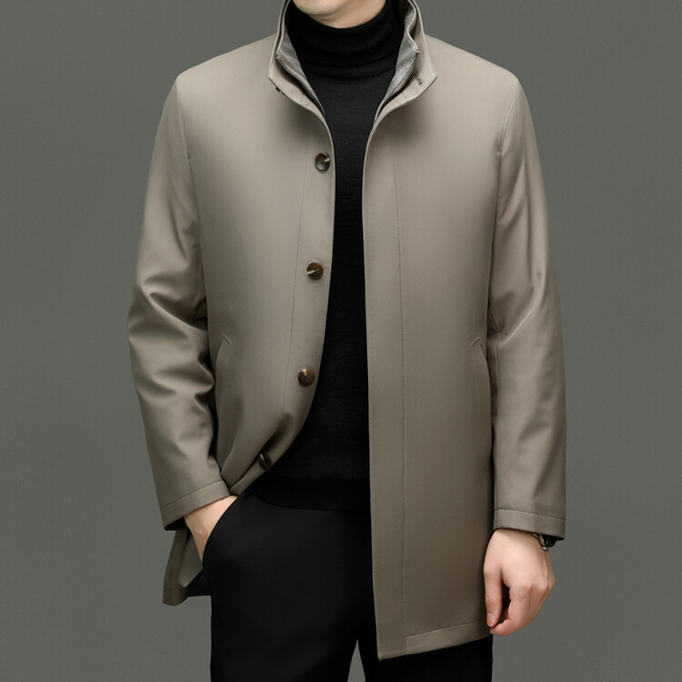 Palton de iarnă pentru bărbați, guler înalt, închidere cu nasturi, lungime medie, croială mulată, țesătură din poliester, buzunare laterale