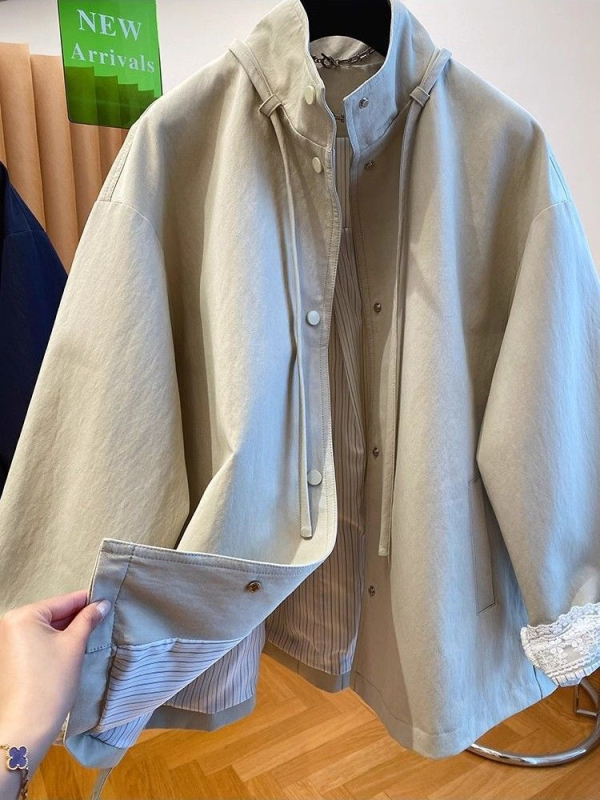 Ženska Chenille windbreaker kratka jakna sa stojećim ovratnikom, zatvaračem, dugim rukavima, srednje gustoće materijala, standardna duljina 50–65 cm