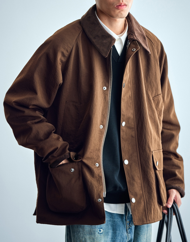 Muška kratka windbreaker jakna sa zipom – rever ovratnik, slobodan kroj, poliester tkanina s poliester podstavom, japanski retro stil, više džepova, proljeće–jesen