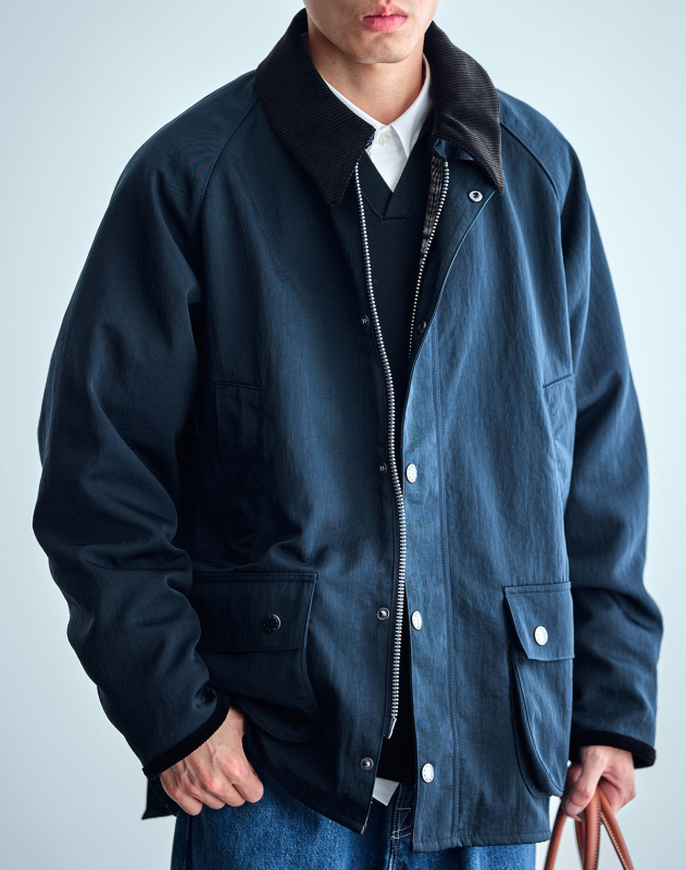 Muška kratka windbreaker jakna sa zipom – rever ovratnik, slobodan kroj, poliester tkanina s poliester podstavom, japanski retro stil, više džepova, proljeće–jesen