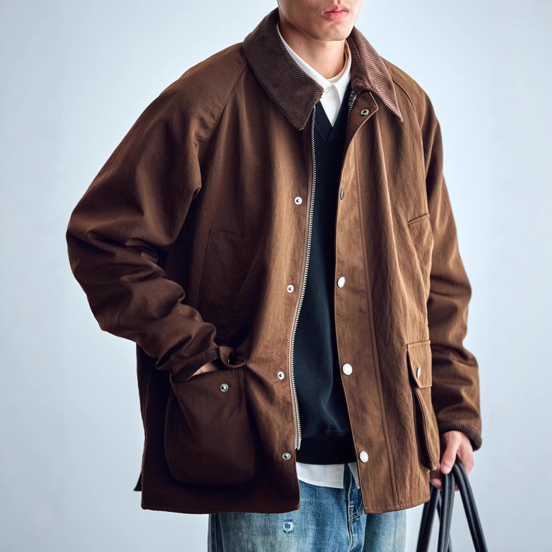 Muška kratka windbreaker jakna sa zipom – rever ovratnik, slobodan kroj, poliester tkanina s poliester podstavom, japanski retro stil, više džepova, proljeće–jesen