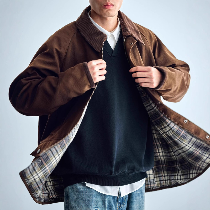 Muška kratka windbreaker jakna sa zipom – rever ovratnik, slobodan kroj, poliester tkanina s poliester podstavom, japanski retro stil, više džepova, proljeće–jesen