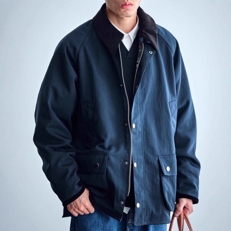 Muška kratka windbreaker jakna sa zipom – rever ovratnik, slobodan kroj, poliester tkanina s poliester podstavom, japanski retro stil, više džepova, proljeće–jesen