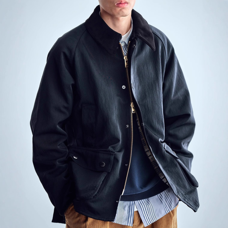 Muška kratka windbreaker jakna sa zipom – rever ovratnik, slobodan kroj, poliester tkanina s poliester podstavom, japanski retro stil, više džepova, proljeće–jesen