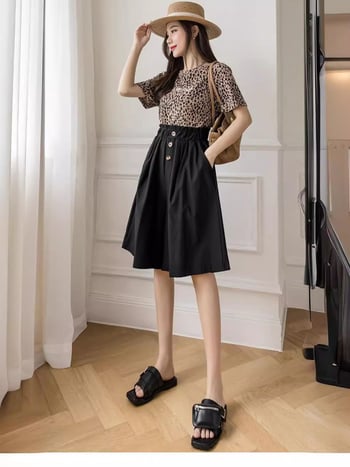 Női magas derekú, széles lábú cropped nadrág, poliészter 90–95% anyagösszetétel, nyári modell 2024, japán–koreai lazább stílus