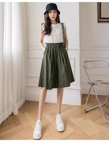 Női magas derekú, széles lábú cropped nadrág, poliészter 90–95% anyagösszetétel, nyári modell 2024, japán–koreai lazább stílus