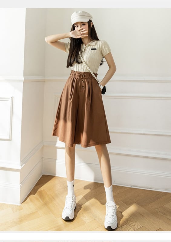 Női magas derekú, széles lábú cropped nadrág, poliészter 90–95% anyagösszetétel, nyári modell 2024, japán–koreai lazább stílus