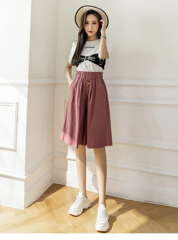 Női magas derekú, széles lábú cropped nadrág, poliészter 90–95% anyagösszetétel, nyári modell 2024, japán–koreai lazább stílus