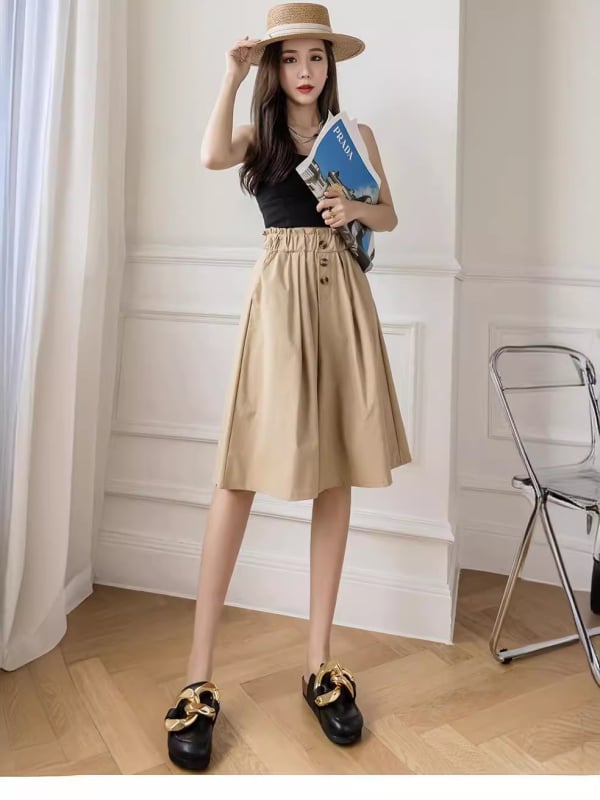 Női magas derekú, széles lábú cropped nadrág, poliészter 90–95% anyagösszetétel, nyári modell 2024, japán–koreai lazább stílus