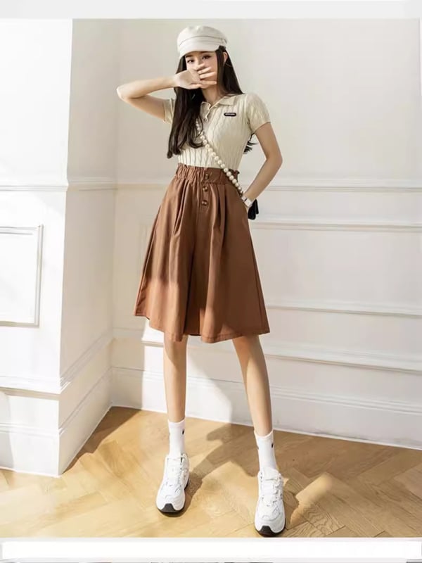 Női magas derekú, széles lábú cropped nadrág, poliészter 90–95% anyagösszetétel, nyári modell 2024, japán–koreai lazább stílus