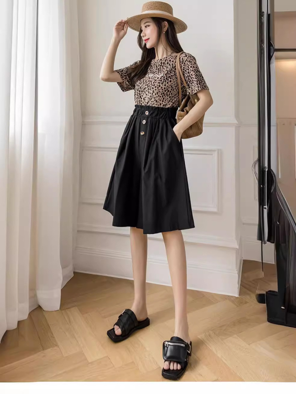 Női magas derekú, széles lábú cropped nadrág, poliészter 90–95% anyagösszetétel, nyári modell 2024, japán–koreai lazább stílus