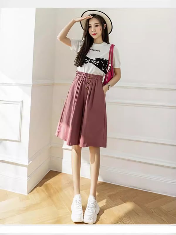 Női magas derekú, széles lábú cropped nadrág, poliészter 90–95% anyagösszetétel, nyári modell 2024, japán–koreai lazább stílus