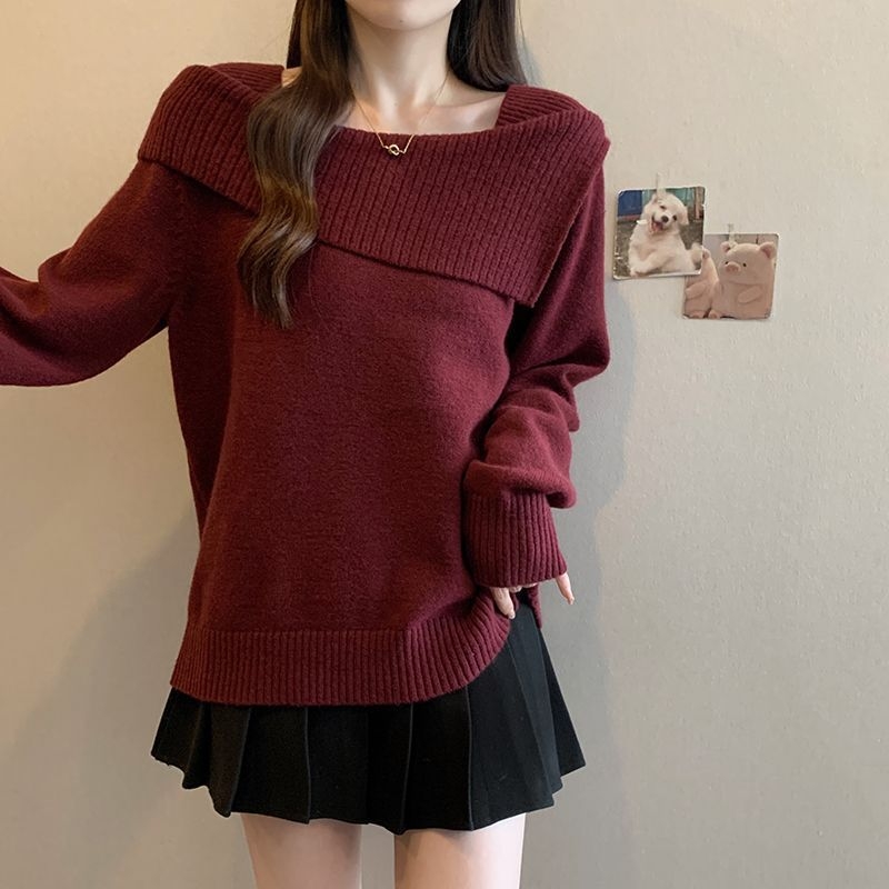 Női kötött pulóver, lazán szabott, hajónyakú, hosszú ujjú, közepes vastagságú, puha és meleg