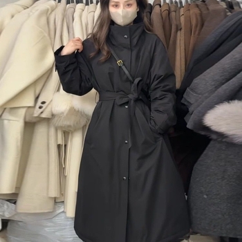 Geacă în stil coreean, lungime medie, guler stand, material bumbac-amestec, croială A-line, lung