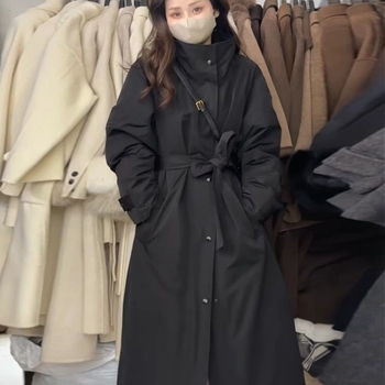 Geacă în stil coreean, lungime medie, guler stand, material bumbac-amestec, croială A-line, lung