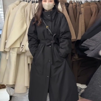 Geacă în stil coreean, lungime medie, guler stand, material bumbac-amestec, croială A-line, lung