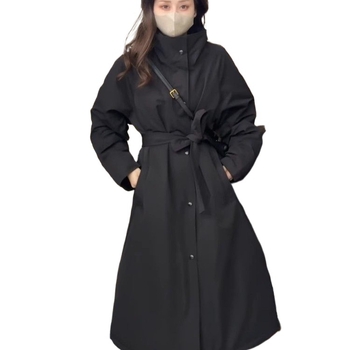 Geacă în stil coreean, lungime medie, guler stand, material bumbac-amestec, croială A-line, lung