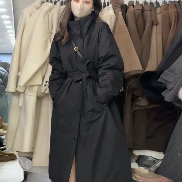 Geacă în stil coreean, lungime medie, guler stand, material bumbac-amestec, croială A-line, lung