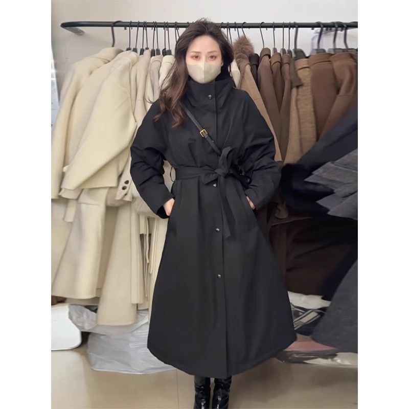 Geacă în stil coreean, lungime medie, guler stand, material bumbac-amestec, croială A-line, lung