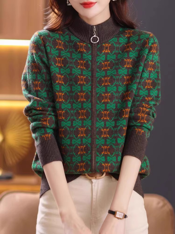 Cardigan damă din poliester cu fermoar, guler polo, croială lejeră, mâneci lungi