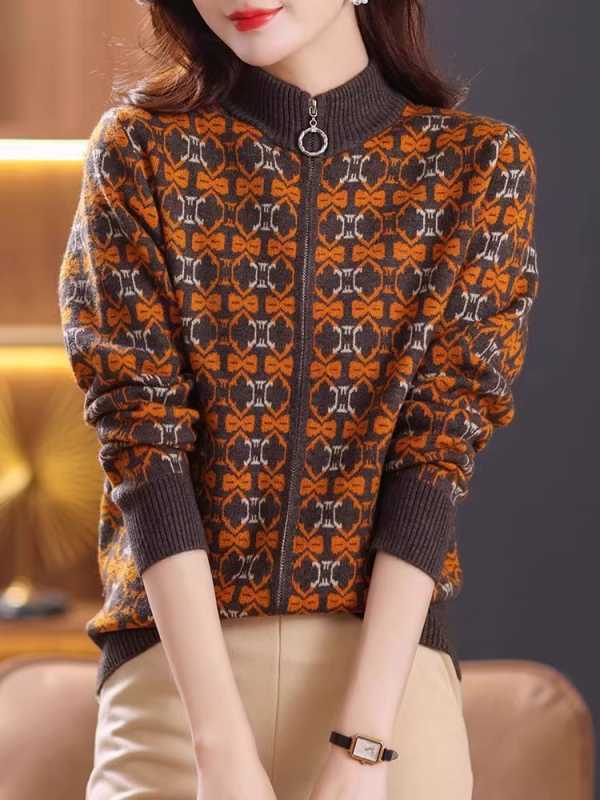 Cardigan damă din poliester cu fermoar, guler polo, croială lejeră, mâneci lungi