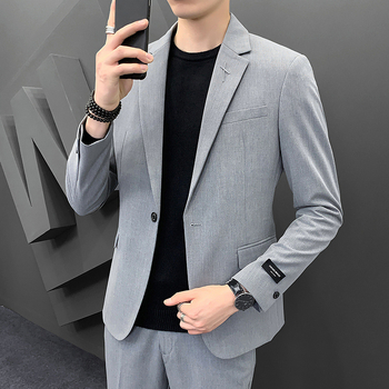 Muško sako slim-fit, korejskog stila, poslovno formalno odijelo; jednokatno kopčanje s jednim gumbom; ovratnik tipa sakoa; glavna tkanina: 67% poliester, 29% viskoz, 4% spandeks; podstava: poliester (slim-fit; korejski stil; jednokatno kopčanje s jednim gu