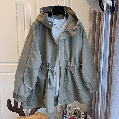 Geacă de lucru cu glugă și șnur, croială lejeră, lungime medie, din poliester, monocromă