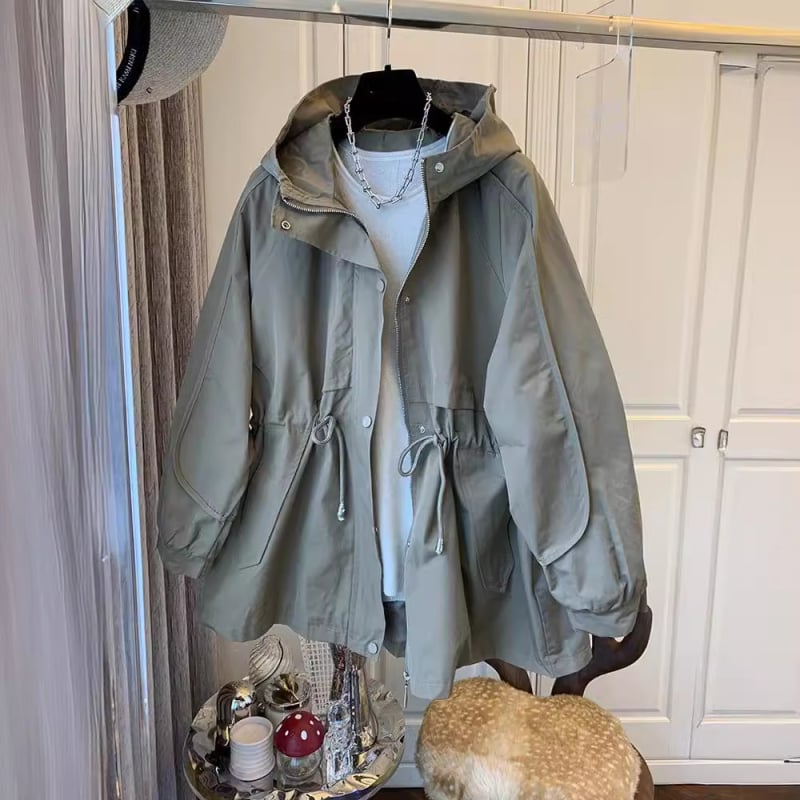 Geacă de lucru cu glugă și șnur, croială lejeră, lungime medie, din poliester, monocromă