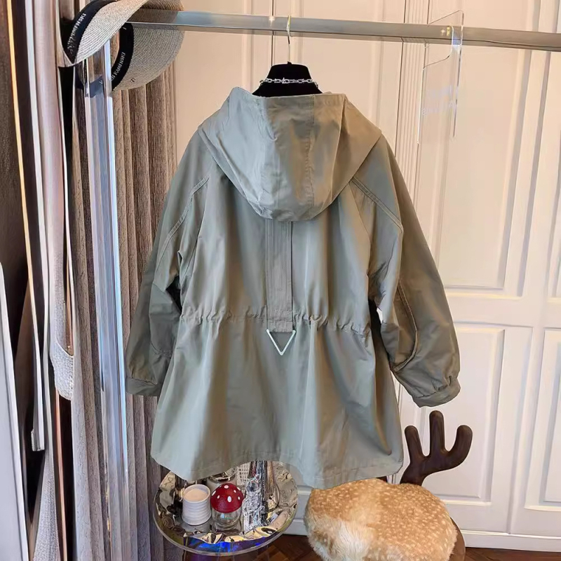 Geacă de lucru cu glugă și șnur, croială lejeră, lungime medie, din poliester, monocromă