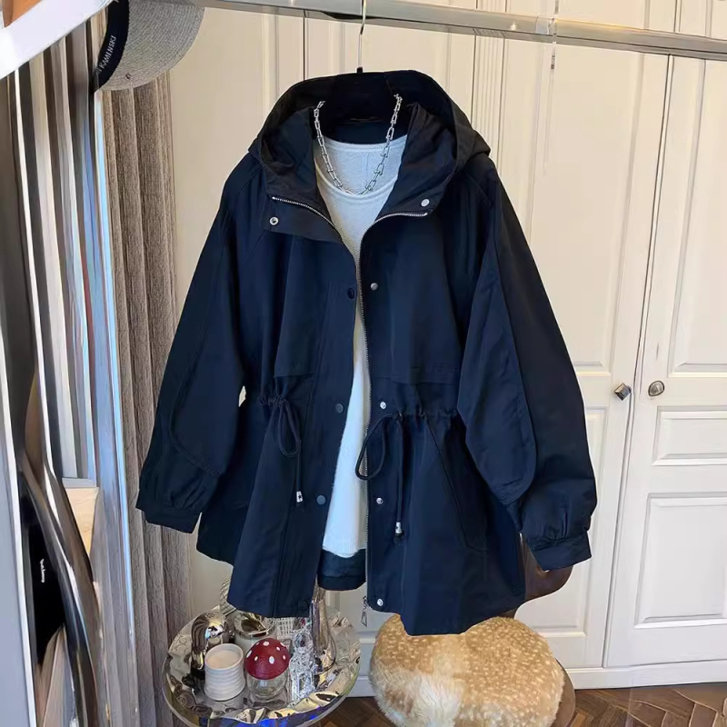 Geacă de lucru cu glugă și șnur, croială lejeră, lungime medie, din poliester, monocromă