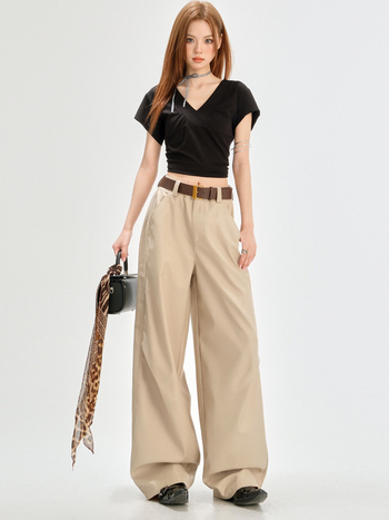 Ženske hlače odijelo visokog struka (visoki struk, draped lazy stil, slobodan kroj, široke nogavice, pamuk)
