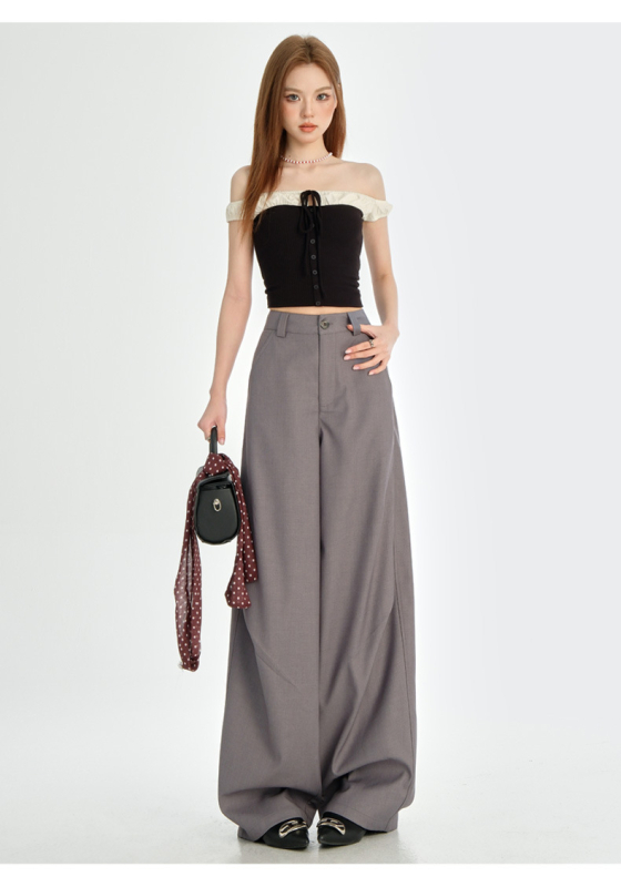 Ženske hlače odijelo visokog struka (visoki struk, draped lazy stil, slobodan kroj, široke nogavice, pamuk)