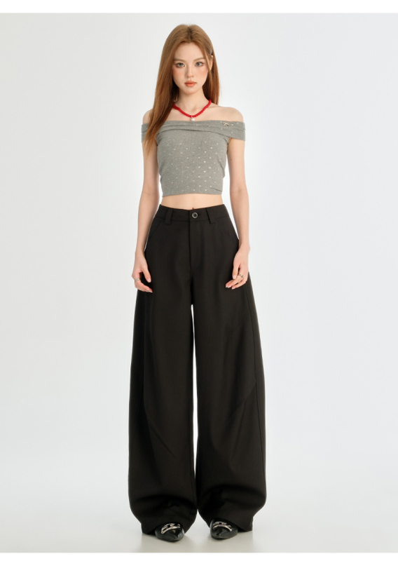 Ženske hlače odijelo visokog struka (visoki struk, draped lazy stil, slobodan kroj, široke nogavice, pamuk)