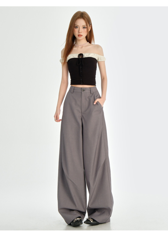 Ženske hlače odijelo visokog struka (visoki struk, draped lazy stil, slobodan kroj, široke nogavice, pamuk)