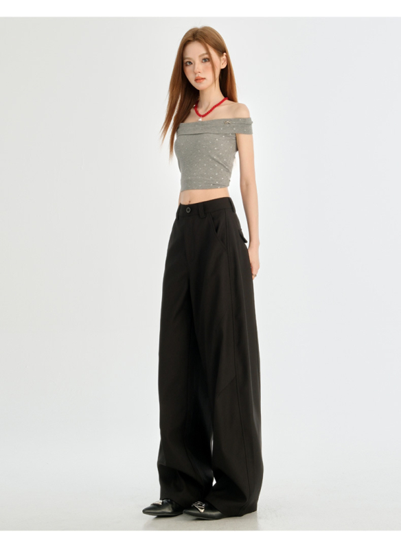 Ženske hlače odijelo visokog struka (visoki struk, draped lazy stil, slobodan kroj, široke nogavice, pamuk)
